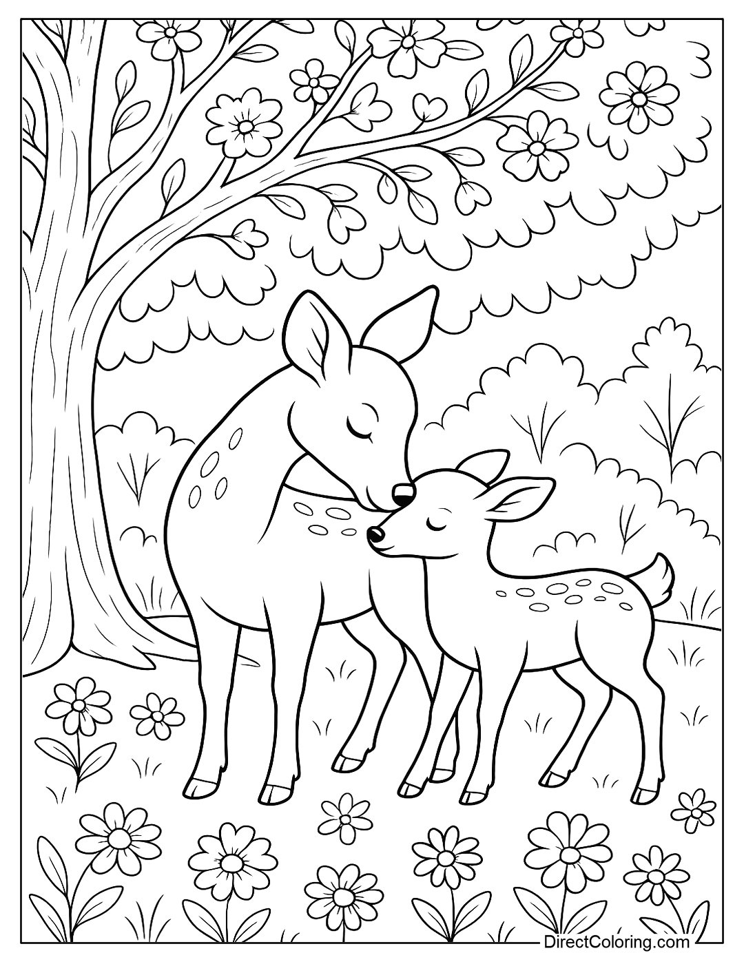 coloring page of a mother deer licking her fawn under a big tree in spring.